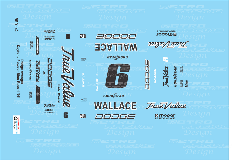 Retro Racing Design Rusty Wallace IROC 1995 #6 Powder Blue Dodge Avenger 1/24 Scale Decal