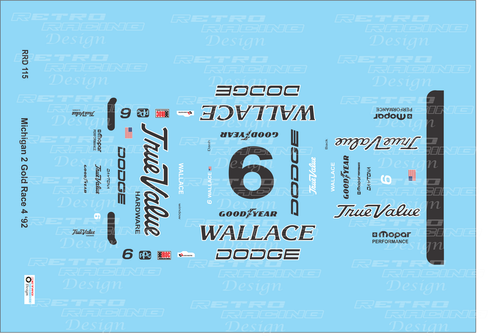 Retro Racing Design Rusty Wallace IROC 1992 #6 Gold Dodge Daytona 1/24 Scale Decal