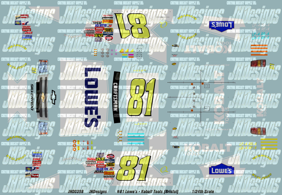 JH Designs Jimmie Johnson 2008 CTS #81 Lowe's - Kobalt Tools (Bristol) 1:24 Racecar Decal Set