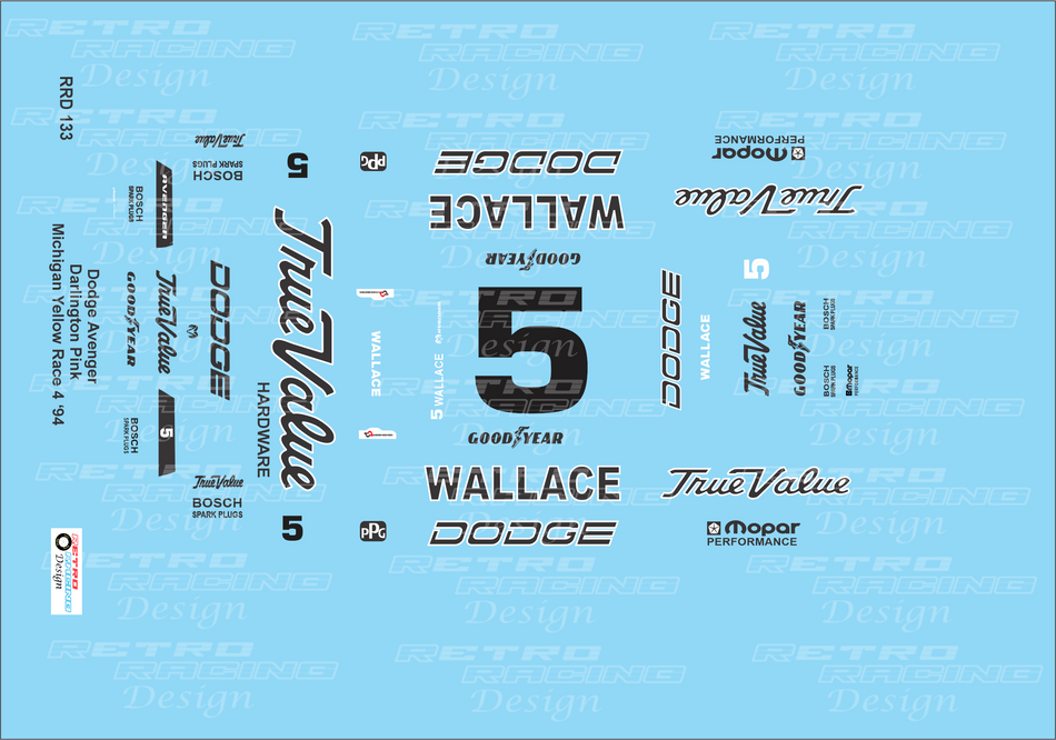 Retro Racing Design Rusty Wallace IROC 1994 #5 Pink OR Yellow Dodge Avenger 1/24 Scale Decal