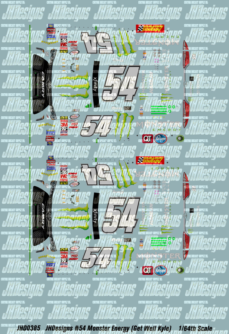 JH Designs Denny Hamlin 2015 NXS #54 Monster Energy - Get Well Kyle (Texas) 1:64 Racecar Decal Set