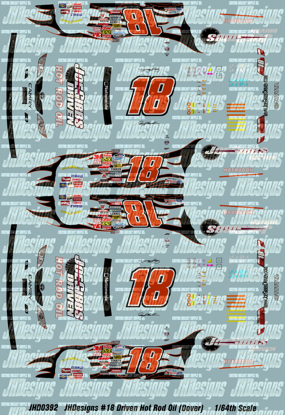 JH Designs Denny Hamlin 2008 NWS #18 Joe Gibbs Driven Motor Oil (Dover Race Win) 1:64 Racecar Decal Set