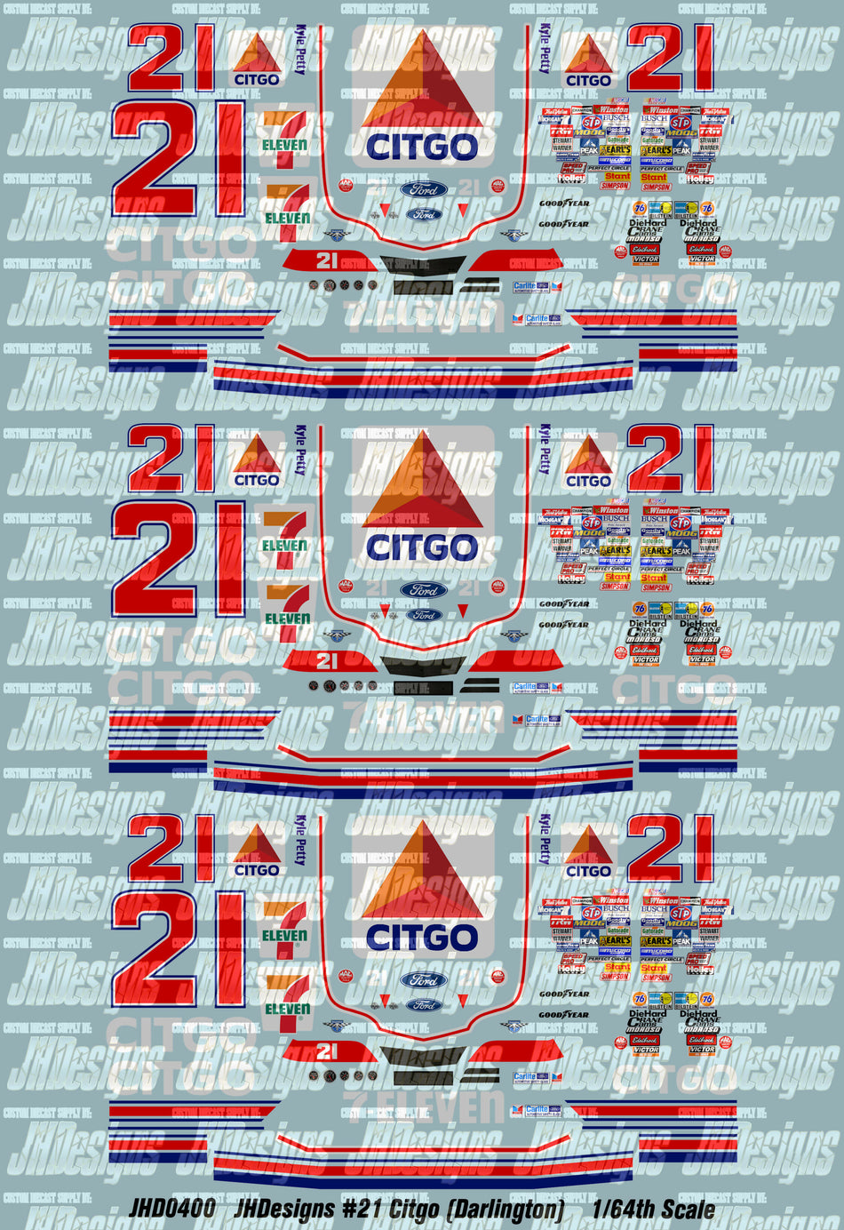 JH Designs Kyle Petty 1987 CUP #21 Citgo (Darlington) 1:64 Racecar Decal Set