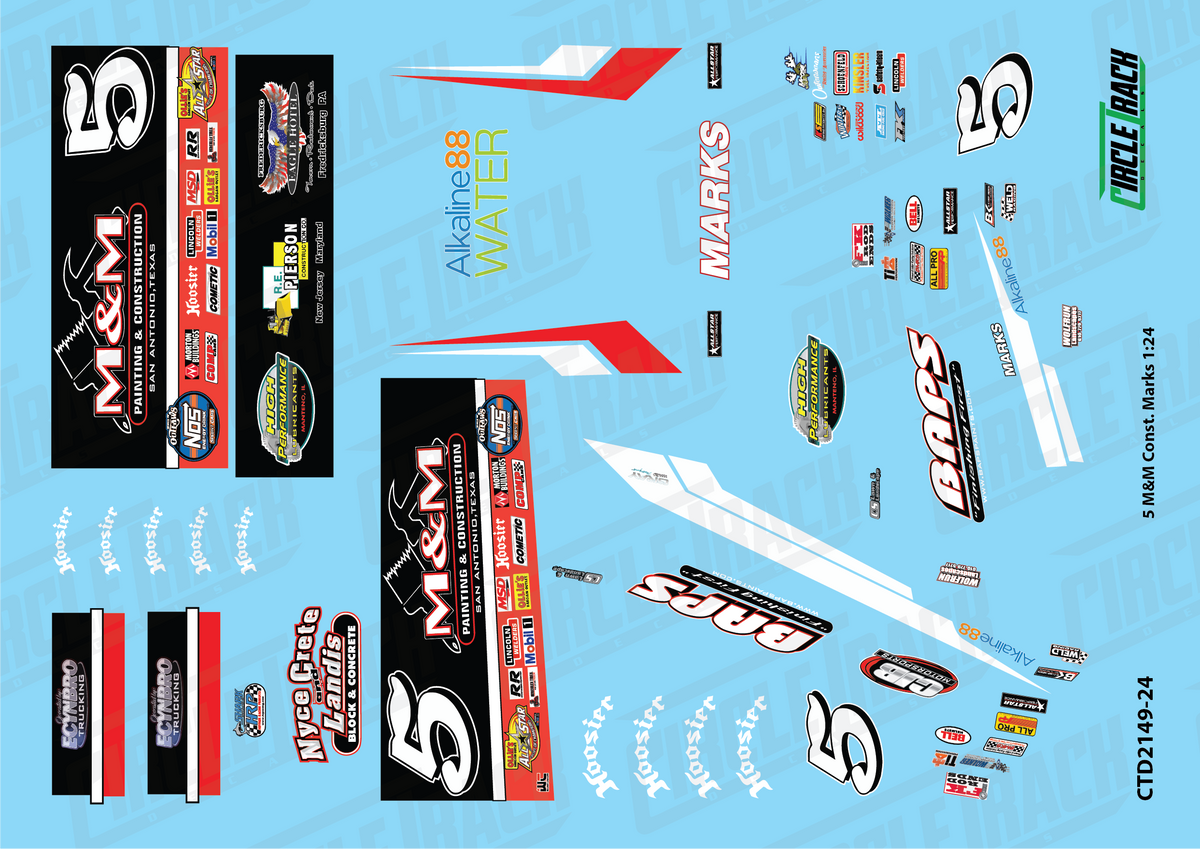 Circle Track Decals 5 M&amp;M Const. Marks Sprint Car 1:24 Decal Set