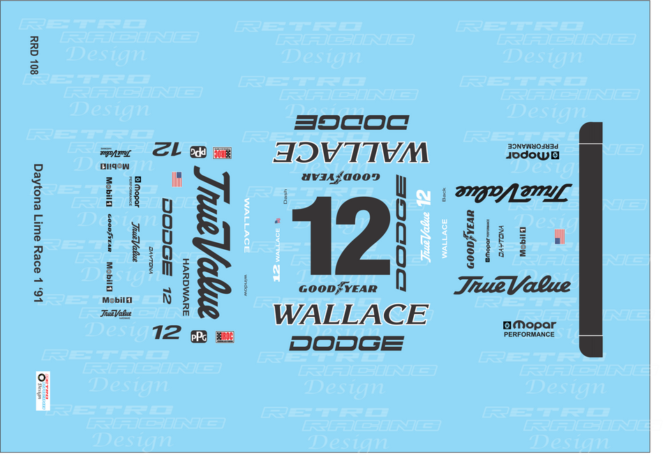 Retro Racing Design IROC 1991 Rusty Wallace #12 Dodge Daytona 1/24 Scale Decal