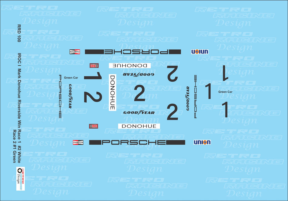 Retro Racing Design IROC Porsche #2 Mark Donohue Riverside Win 1/24 Scale Decal First IROC Race Winner