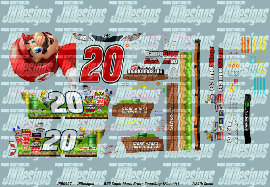 JH Designs Denny Hamlin 2009 NWS #20 Super Mario Bros WII - GameStop (Phoenix2) 1:24 Racecar Decal Set