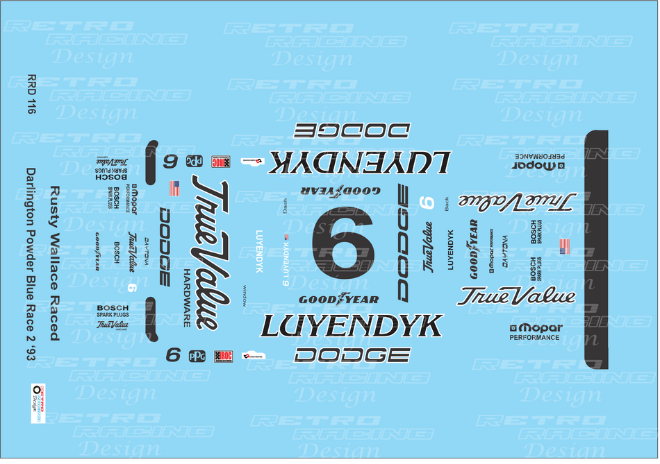 Retro Racing Design Rusty Wallace IROC 1993 #6 Powder Blue Dodge Daytona 1/24 Scale Decal