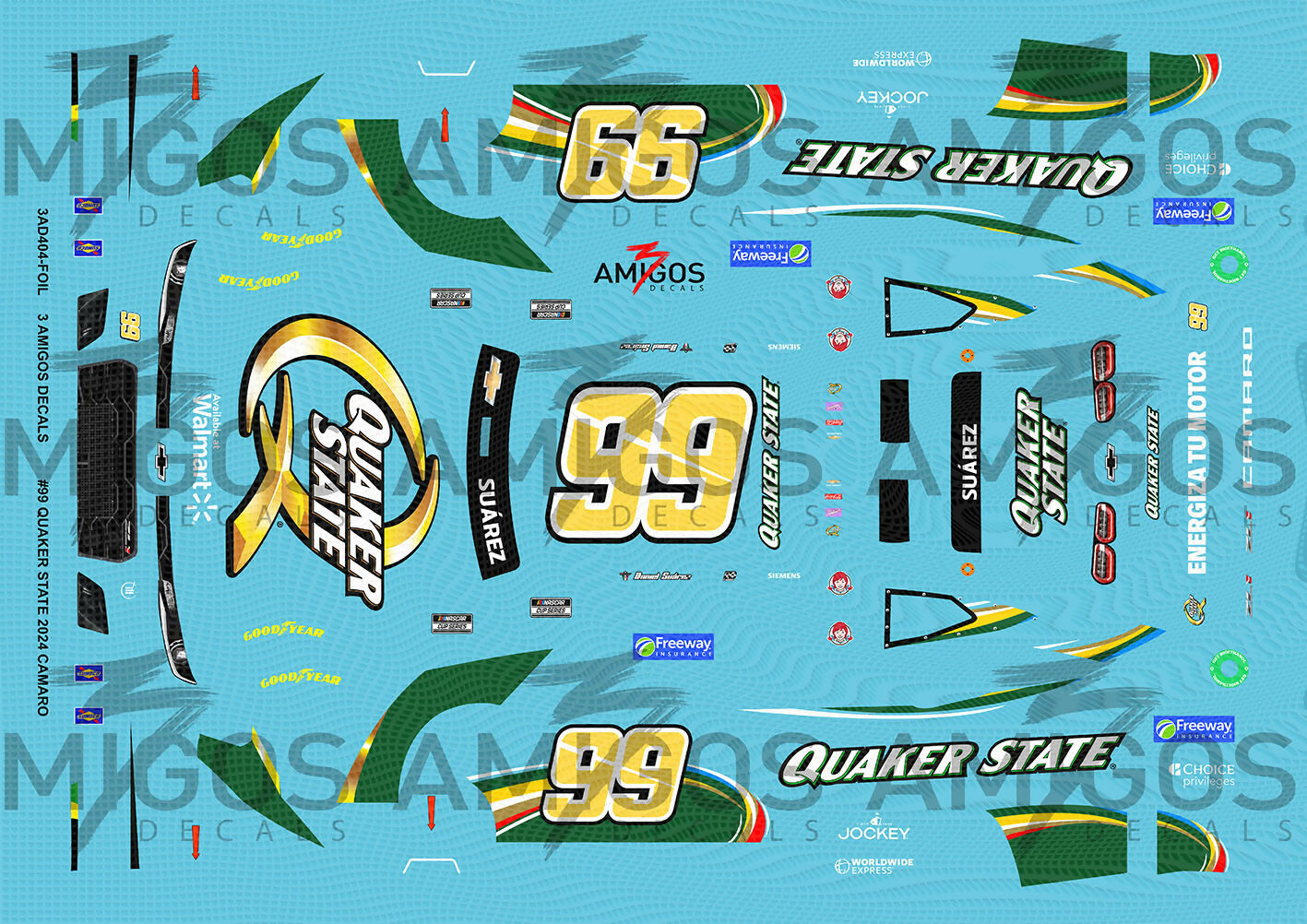 3 Amigos Decals #99 QUAKER STATE 2024 CAMARO WITH GOLD FOIL NUMBERS 1 ...