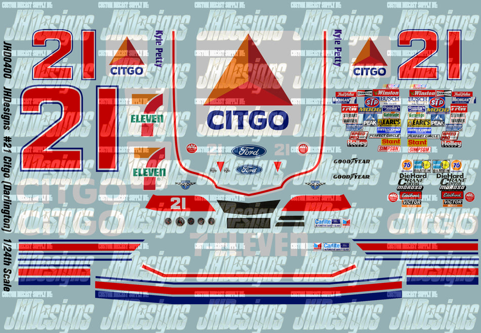 JH Designs Kyle Petty 1987 CUP #21 Citgo (Darlington) 1:24 Racecar Decal Set