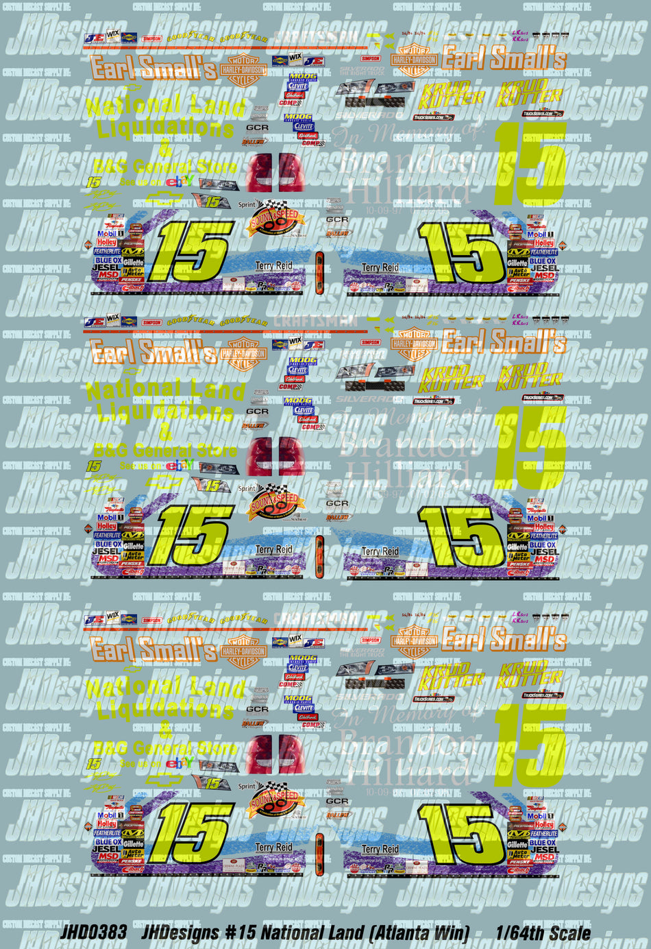 JH Designs Kyle Busch 2005 CTS #15 National Land - Earl Smalls (Atlanta Race Win) 1:64 Racecar Decal Set