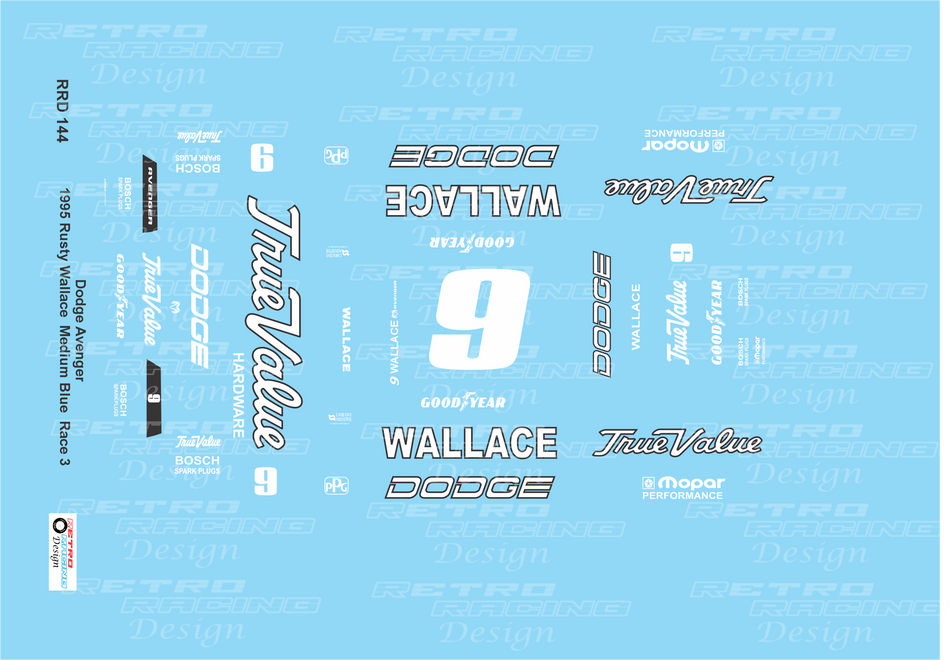 Retro Racing Design Rusty Wallace IROC 1995 #9 Petty Blue Dodge Avenger 1/24 Scale Decal