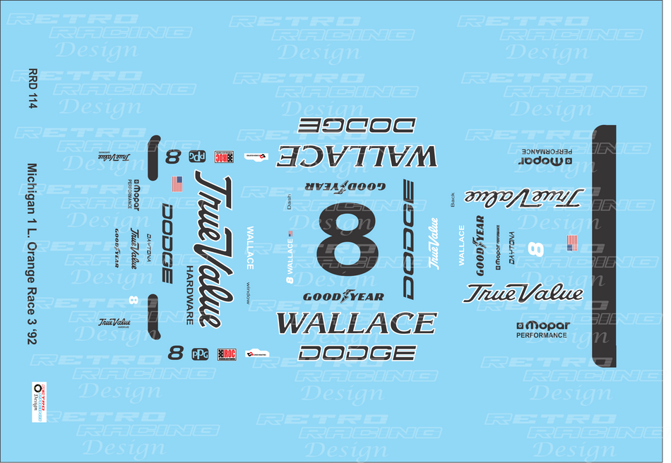 Retro Racing Design Rusty Wallace IROC 1992 #8 Light Orange Dodge Daytona 1/24 Scale Decal