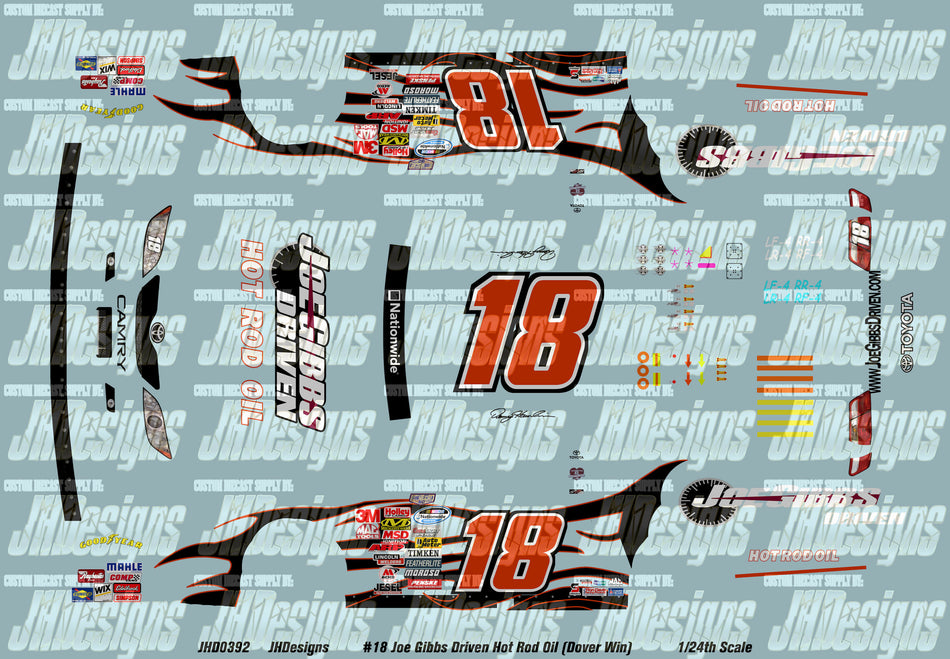 JH Designs Denny Hamlin 2008 NWS #18 Joe Gibbs Driven Motor Oil (Dover Race Win) 1:24 Racecar Decal Set