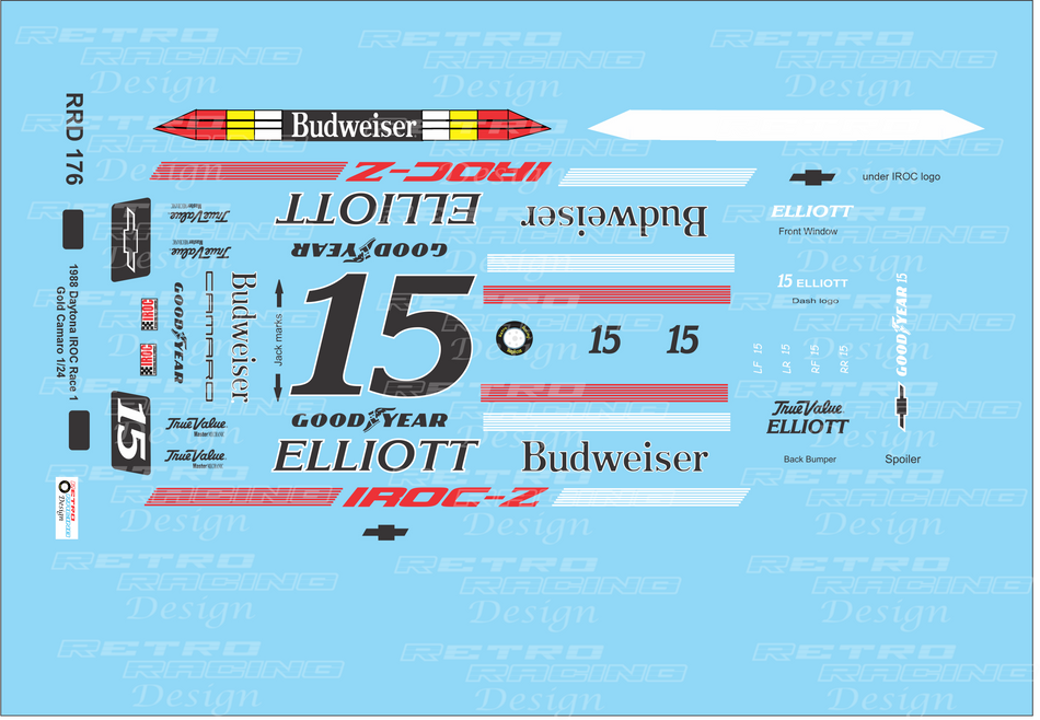 Retro Racing Design Bill Elliott IROC 1988 #15 Gold Chevrolet Camaro 1/24 Scale Decal