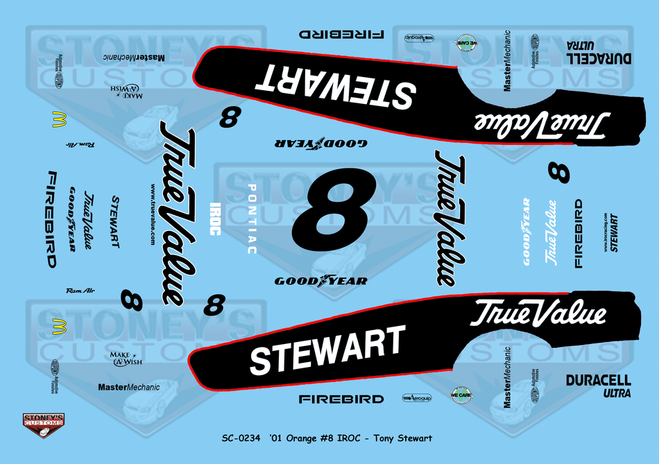 Stoney's Customs 2001 Orange #8 IROC Tony Stewart 1:24 Decal Set