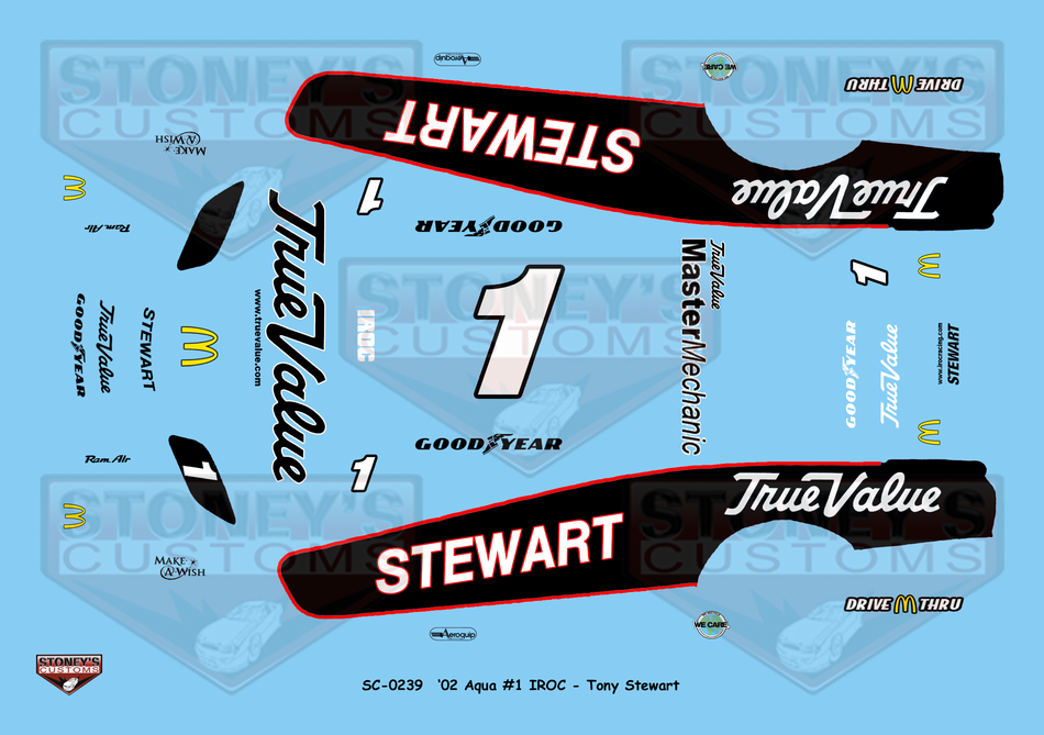 Stoney's Customs 2002 Aqua #1 IROC Tony Stewart 1:24 Decal Set