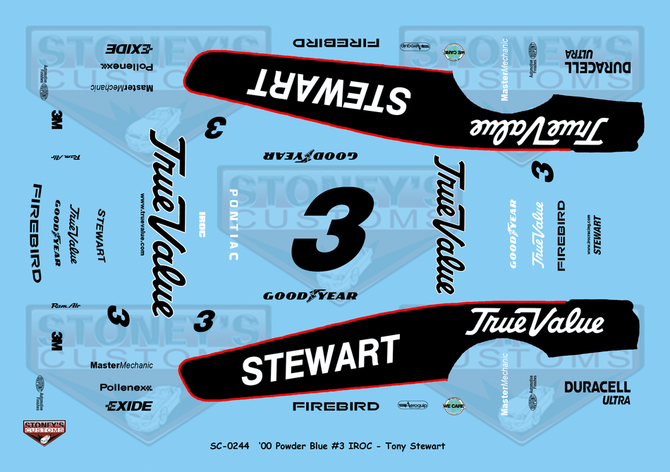 Stoney's Customs 2000 Powder Blue #3 IROC Tony Stewart 1:24 Decal Set