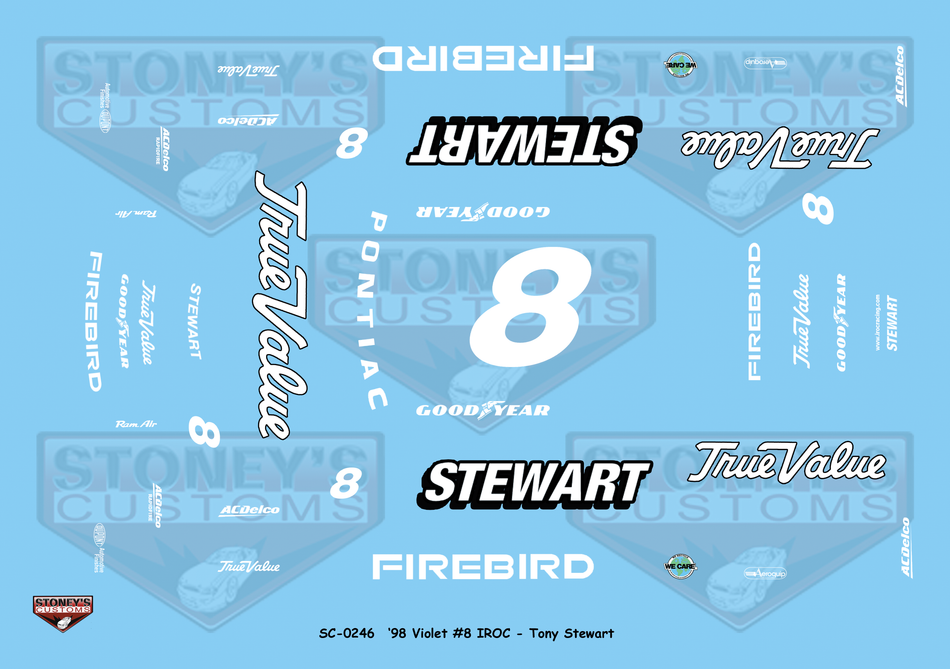 Stoney's Customs 1998 Violet #8 IROC Tony Stewart 1:24 Decal Set