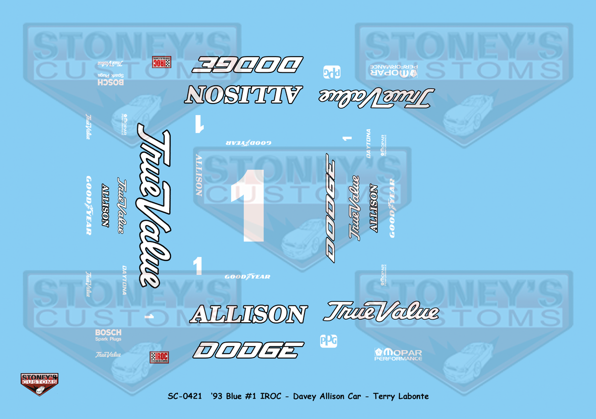 Stoney's Customs 1993 Blue #1 IROC Terry Labonte 1:24 Decal Set