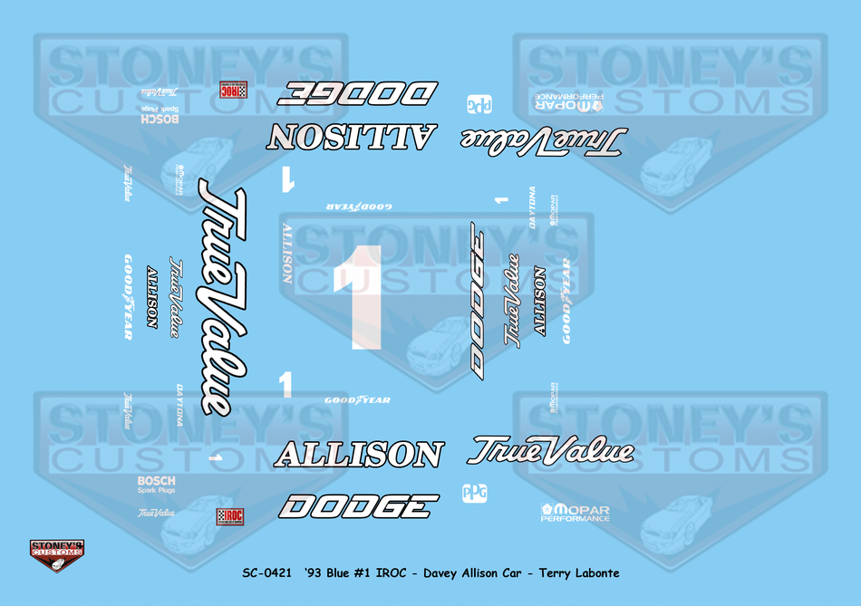 Stoney's Customs 1993 Blue #1 IROC Terry Labonte 1:24 Decal Set