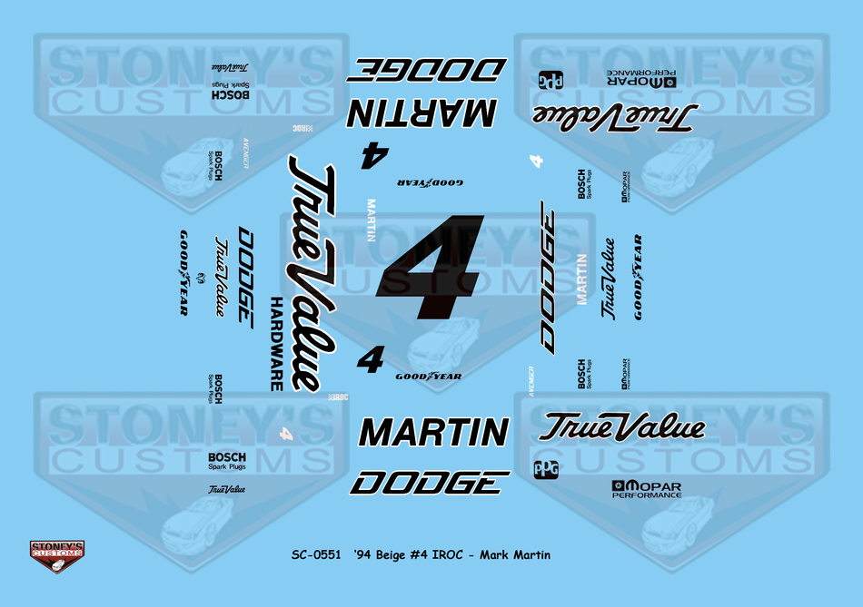 Stoney's Customs 1994 Beige #4 IROC Mark Martin 1:24 Decal Set