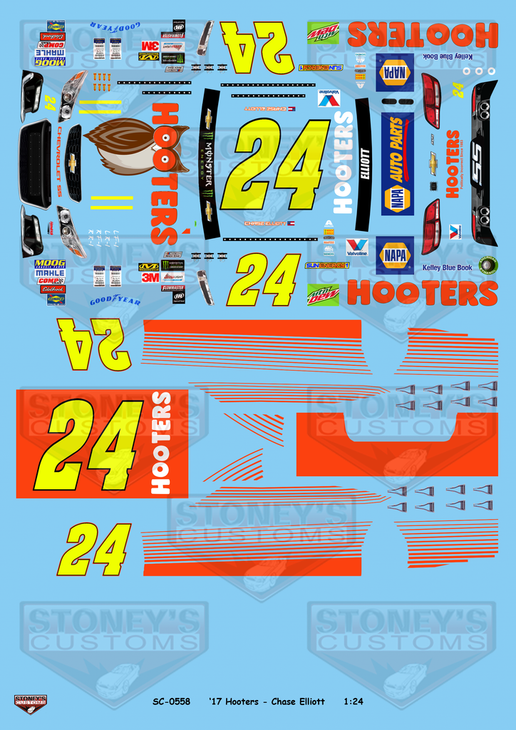 Stoney's Customs 2017 #24 Hooters - Chase Elliott 1:24 Decal Set