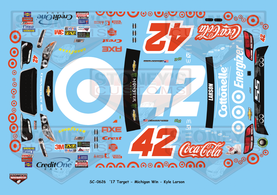 Stoney's Customs 2017 Target Michigan Win Kyle Larson 1:24 Decal Set