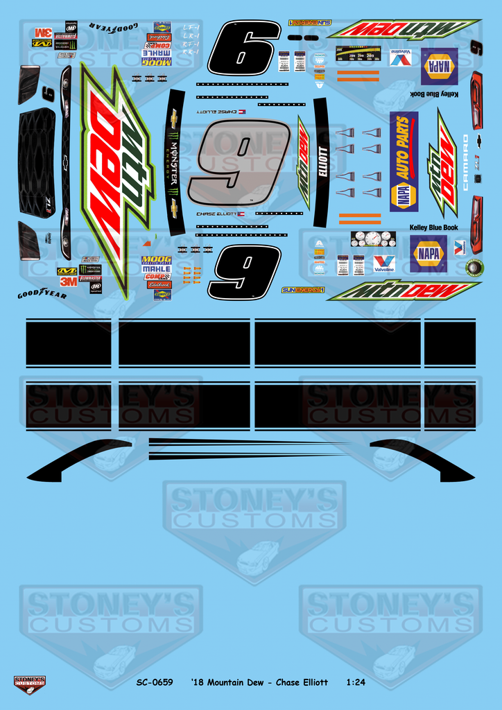 Stoney's Customs 2018 #9 Mountain Dew - Chase Elliott 1:24 Decal Set