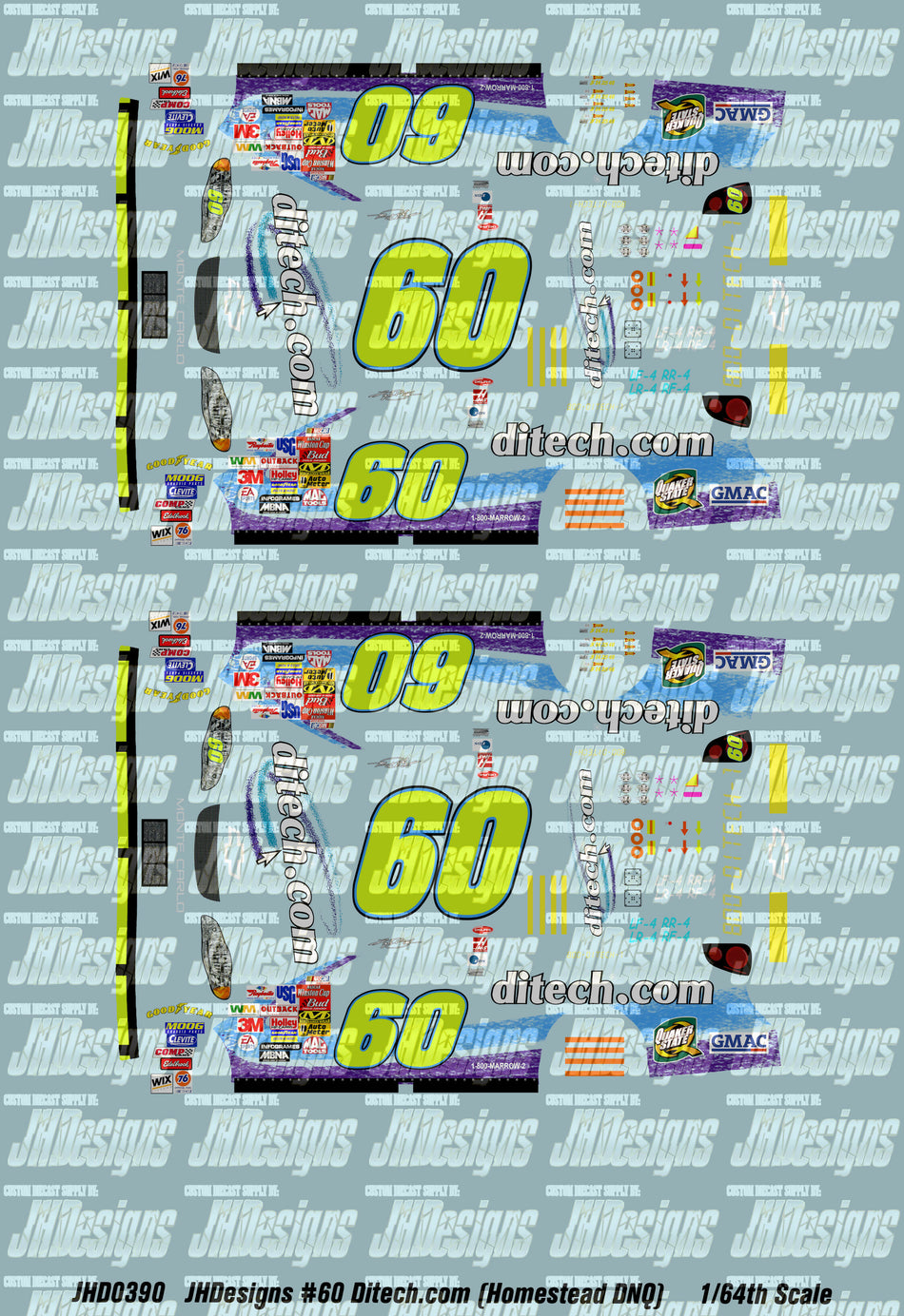 JH Designs Kyle Busch 2003 CUP #60 Ditech.com (Homestead DNQ) 1:64 Racecar Decal Set