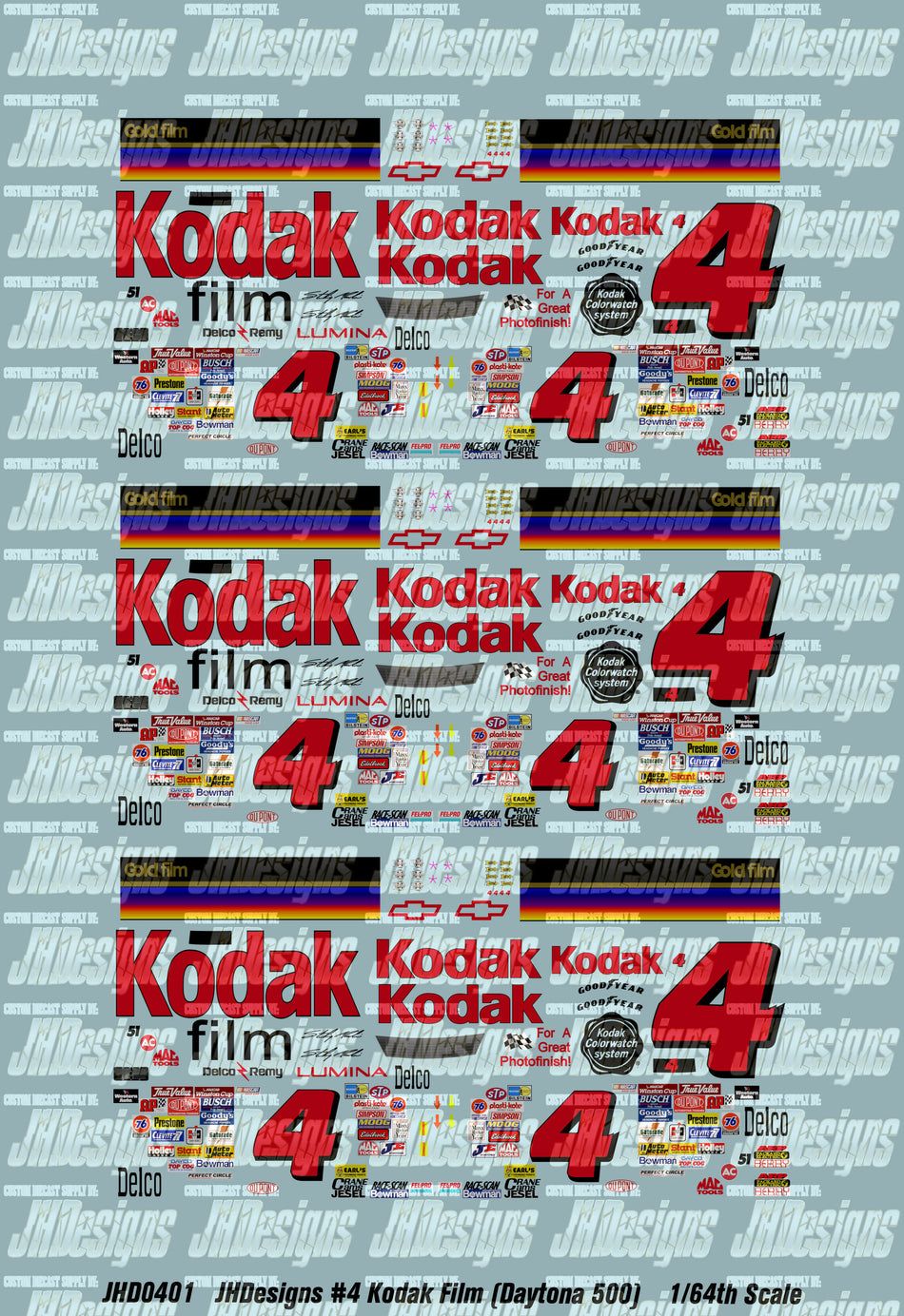 JH Designs Sterling Marlin 1994 CUP #4 Kodak Gold Film (Daytona 500 Winner) 1:64 Racecar Decal Set