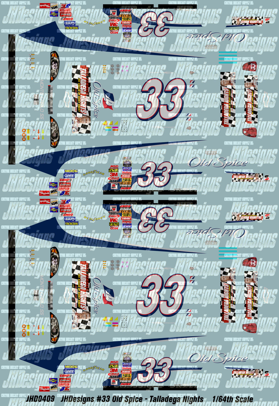 JH Designs Tony Stewart 2006 NBS #33 Old Spice - Talladega Nights (Talladega1) 1:64 Racecar Decal Set