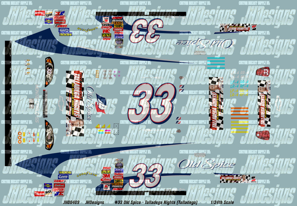 JH Designs Tony Stewart 2006 NBS #33 Old Spice - Talladega Nights (Talladega1) 1:24 Racecar Decal Set