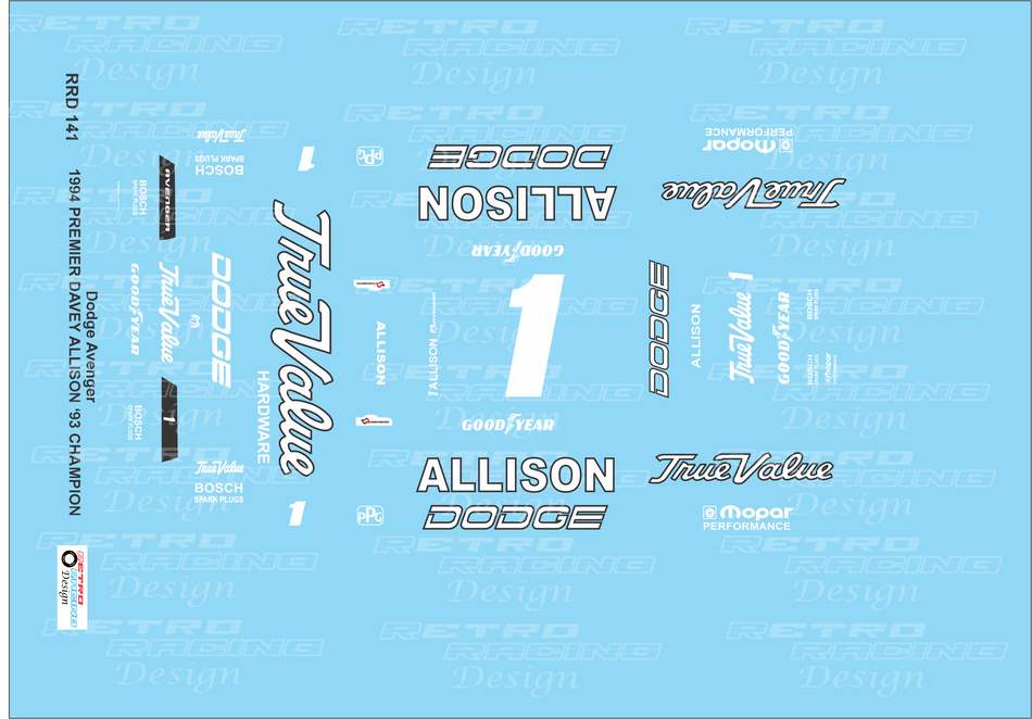 Retro Racing Design Davey Allison IROC 1994 #1 Teal Blue Dodge Avenger 1/24 Scale Decal