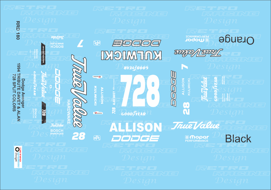 Retro Racing Design Davey Allison-Alan Kulwicki IROC 1994 #728 ORANGE BLACK Dodge Avenger 1/24 Scale Decal