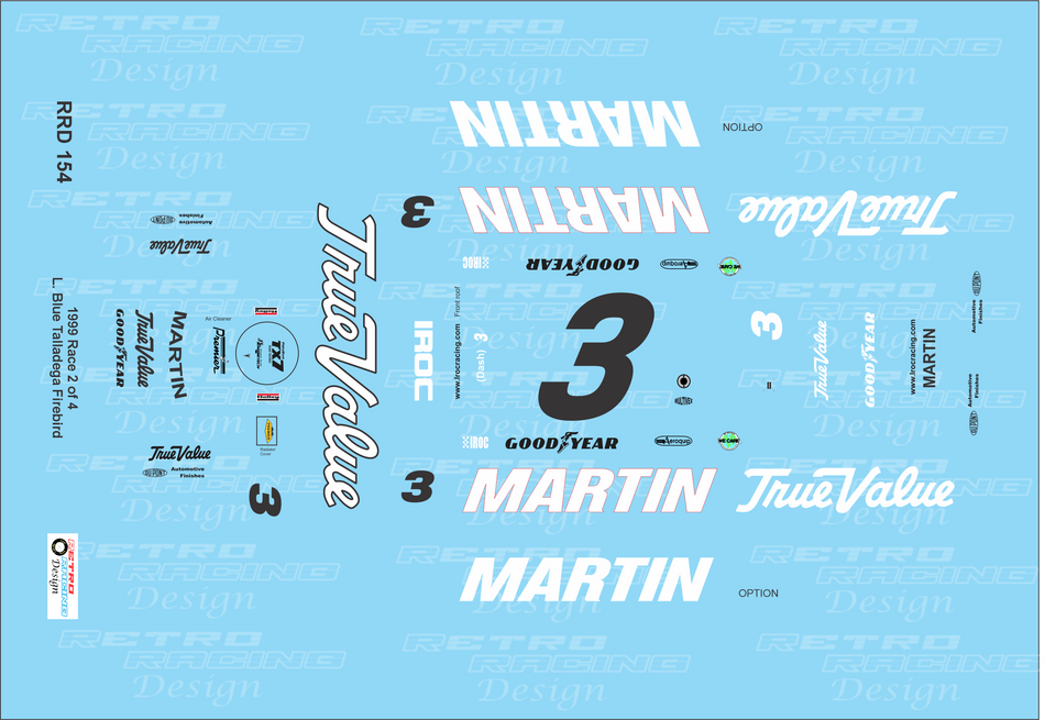 Retro Racing Design Mark Martin IROC 1999 Talladega #3 L. Blue Pontiac Firebird 1/24 Scale Decal