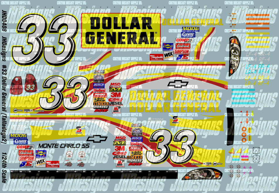 JH Designs Tony Stewart 2006 NBS #33 Dollar General (Talladega2) 1:24 Racecar Decal Set