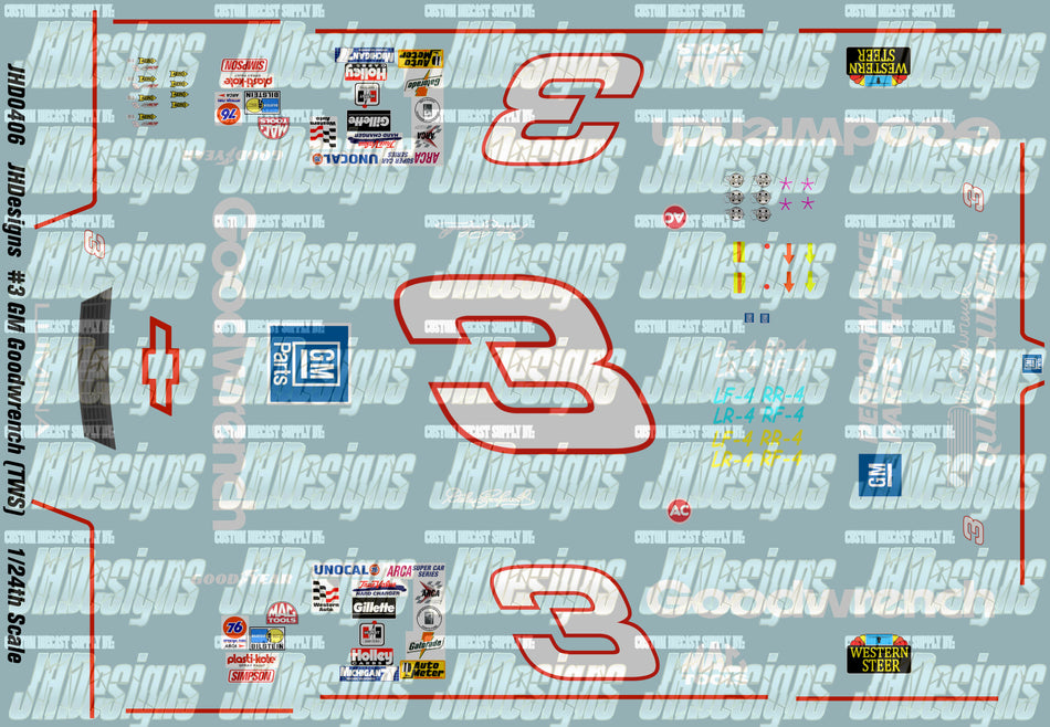 JH Designs Dale Earnhardt 1993 ARCA #3 GM Goodwrench (Texas World Speedway) 1:24 Racecar Decal Set