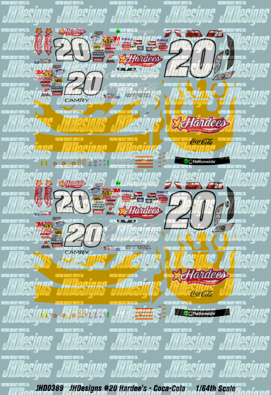 JH Designs Denny Hamlin 2008 NWS #20 Hardee's - CocaCola (Daytona2 Race Win) 1:64 Racecar Decal Set