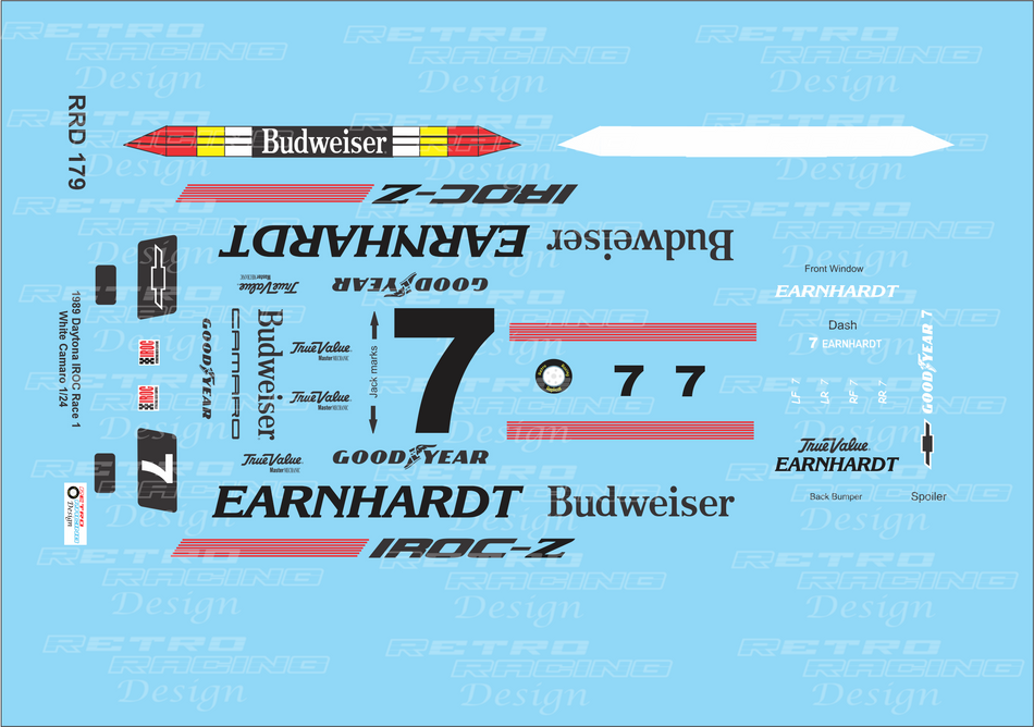 Retro Racing Design Dale Earnhardt IROC 1989 #7 White Chevrolet Camaro 1/24 Scale Decal