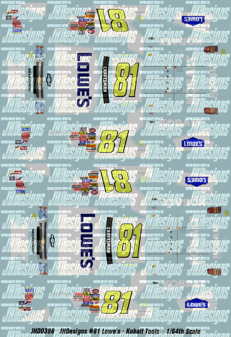 JH Designs Jimmie Johnson 2008 CTS #81 Lowe's - Kobalt Tools (Bristol) 1:64 Racecar Decal Set