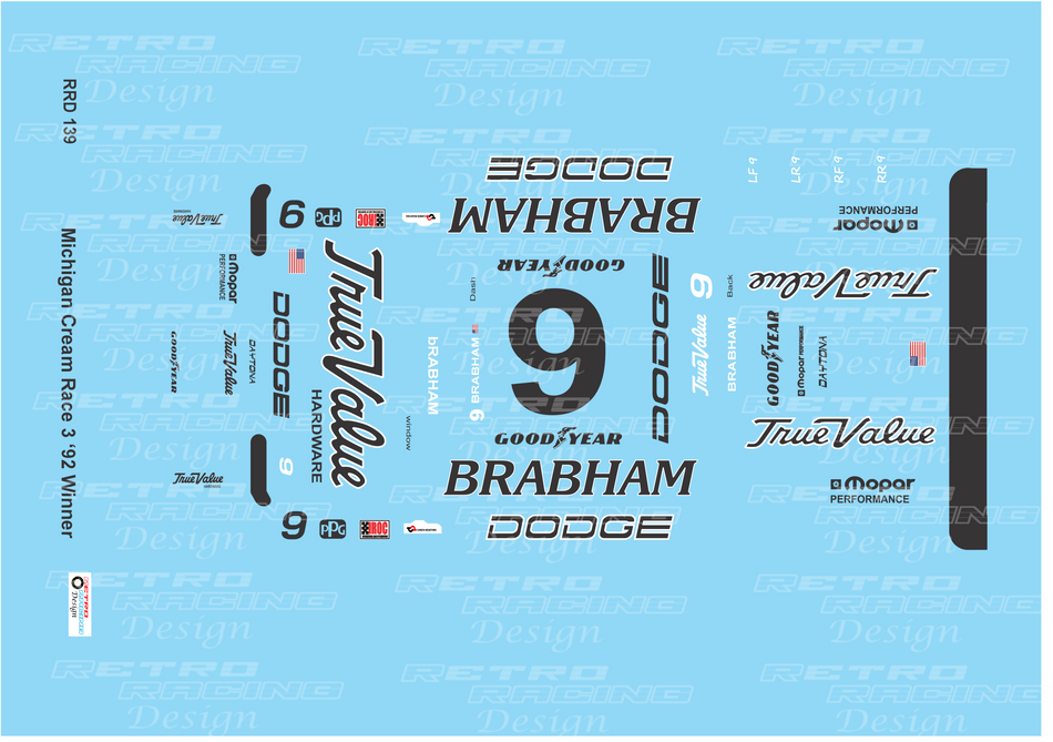 Retro Racing Design Geoff Brabham IROC 1992 #9 Cream Dodge Daytona 1/24 Scale Decal