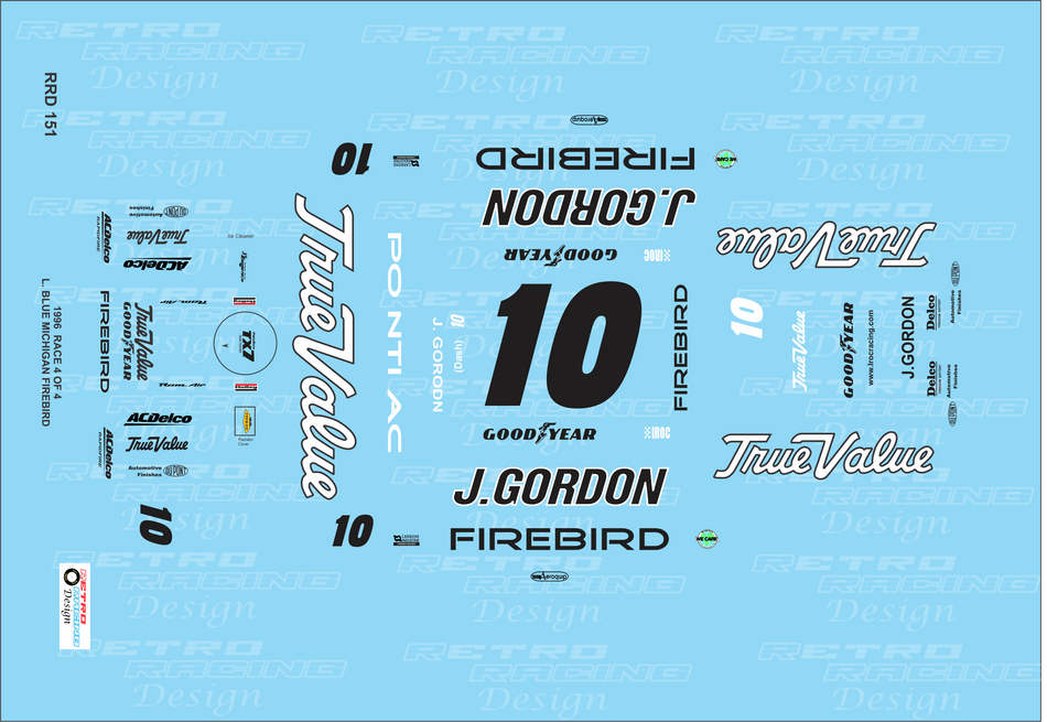 Retro Racing Design Jeff Gordon IROC 1996 Michigan #10 Light Blue Pontiac Firebird 1/24 Scale Decal