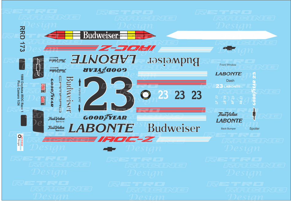 Retro Racing Design Terry Labonte IROC 1988 #23 Pink Chevrolet Camaro 1/24 Scale Decal