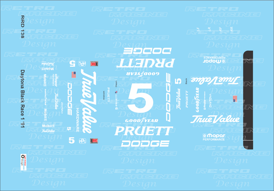 Retro Racing Design Scott Pruett IROC 1991 #5 Black Dodge Daytona Win 1/24 Scale Decal