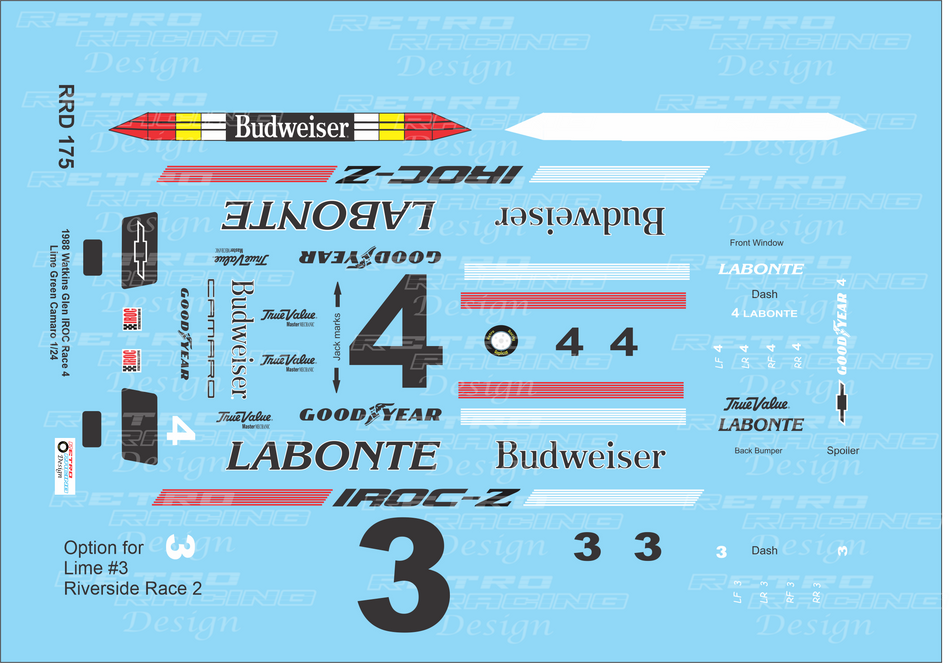 Retro Racing Design Terry Labonte IROC 1988 #4 or #3 Lime Green Chevrolet Camaro 1/24 Scale Decal