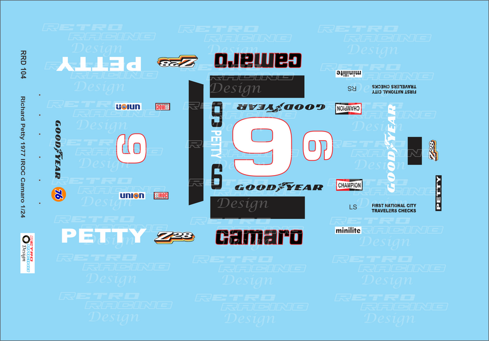 Retro Racing Design IROC Series IV 1977 Richard Petty Chevrolet Camaro Silver #9 1/24 Scale Decal