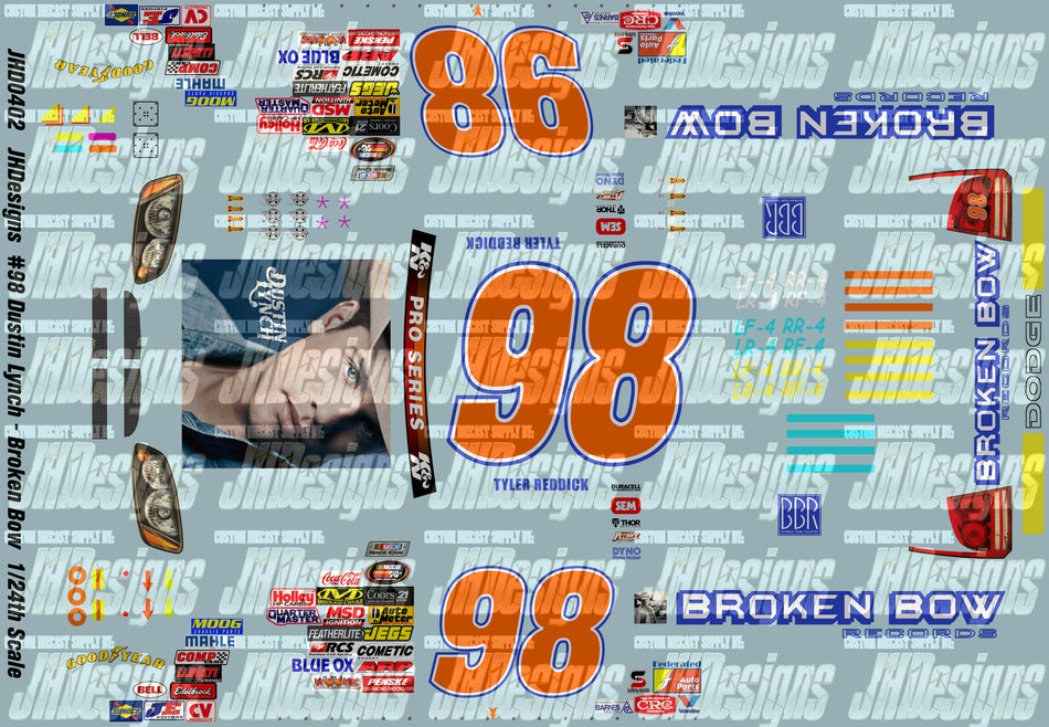 JH Designs Tyler Reddick 2012 KNP #98 Dustin Lynch - Broken Bow Records (Rockingham) 1:24 Racecar Decal Set