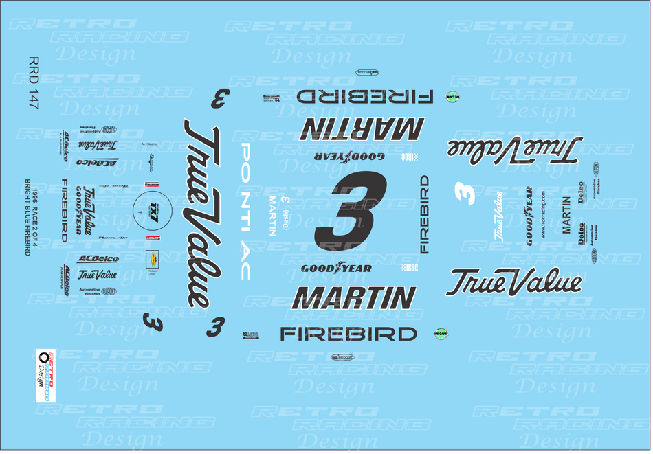 Retro Racing Design Mark Martin IROC 1996 #3 Blue Pontiac Firebird 1/24 Scale Decal