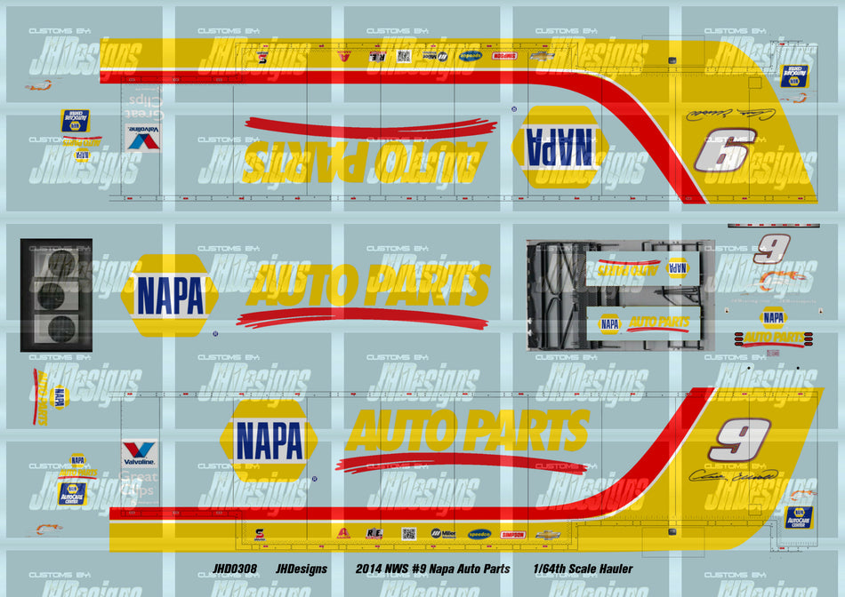 JH Designs Chase Elliott 2014 NWS #9 Napa Auto Parts 1:64 Hauler Decal Set